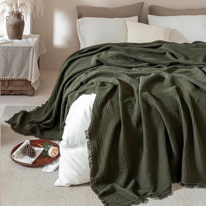 Muslin Fringe Blankets for Adults: 100% Cotton Cloud Soft | 4-Layer Gauze Breathable Lightweight All Season Throw Blanket for Bed Couch Sofa Office