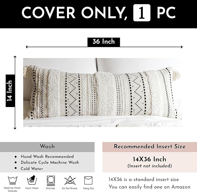 BlissBlush 14x36 Lumbar Pillow Cover for Bed, Rectangular Long Decorative Throw Pillowcase, Boho Accent Cushion with Black Tufted Pattern and Tassels, Cream Neutral (Cover Only)