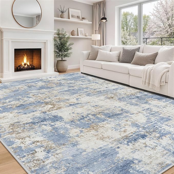 9x12 Area Rugs for Living Room Rug Washable: Modern Large Rug for Dining Room Bedroom Carpet Non Slip 9 by 12 Indoor Abstract Nursery Home Office Blue