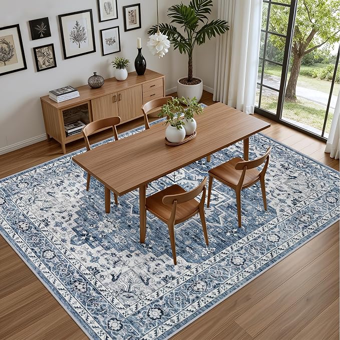 6x9 Area Rugs Living Room Rug: Washable Vintage Boho Medallion Rug No Slip Stain Resistant Soft Carpet Indoor Floor Large Carpets for Bedroom Dining Room Farmhouse Nursery Hallway Home Office Blue