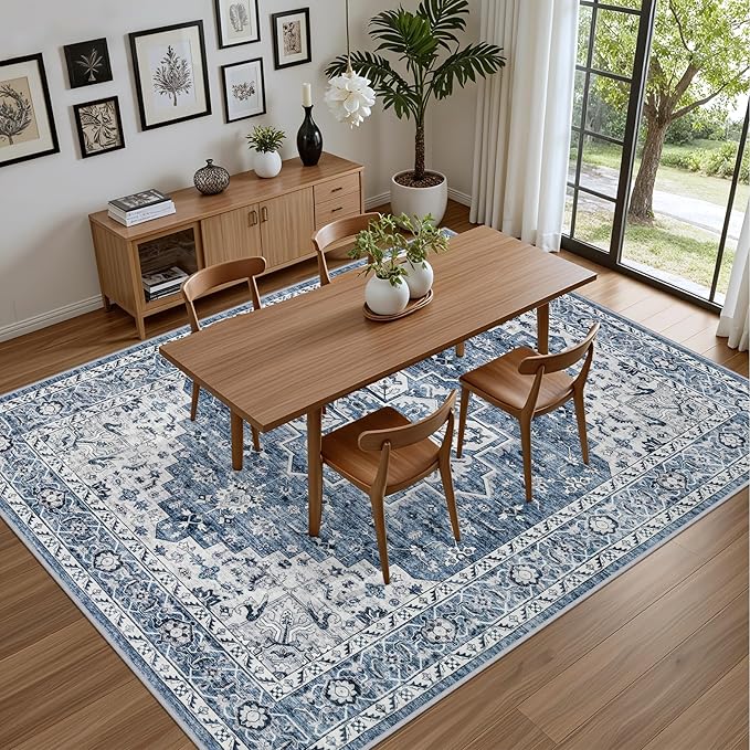 Area Rugs 9x12 Living Room Rug: Washable Rug Soft Vintage Boho Medallion Carpet Indoor Floor Non-Slip Stain Resistant Large Carpets for Bedroom Dining Room Farmhouse Nursery Home Office Blue