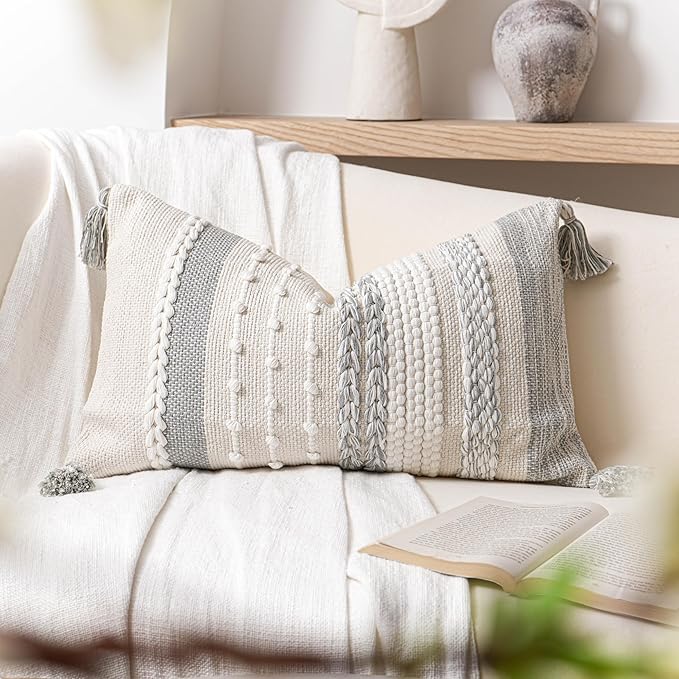 BlissBlush Gray Decorative Lumbar Pillow Cover 14x24, Grey Boho Long Body Pillow for Bed, Farmhouse Lumbar Throw Pillow for Couch, Modern Accent Textured Throw Pillowcase