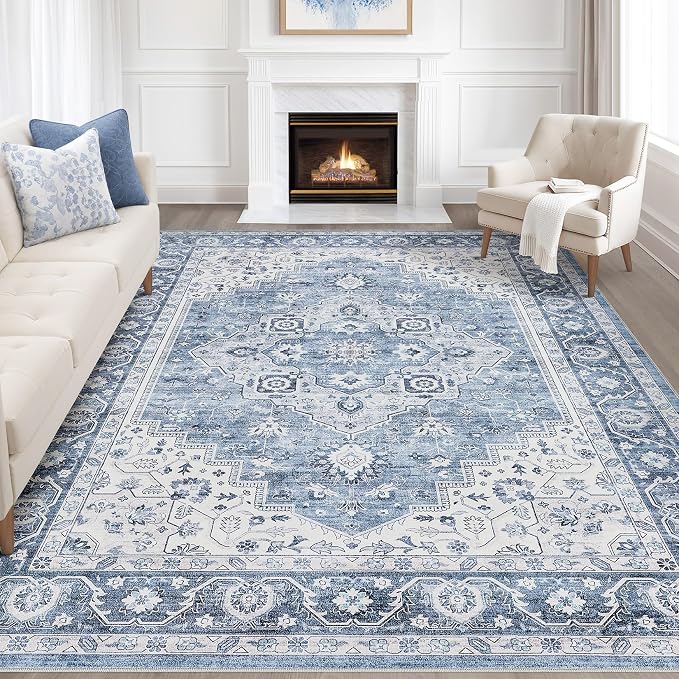 10x12 Area Rug Living Room: Washable Boho Large Neutral Vintage Soft Rug Stain Resistant Farmhouse Non-Slip Indoor Floor Retro Carpet for Bedroom Nursery Kids Office Dining Room- Blue Gray