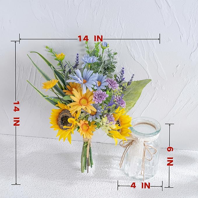 LUEUR Artificial Silk Sunflower with Vase Fake Flowers in Vase Centerpiece Coffee Table Decor, Fake Plant Blue Daisy Flower Arrangement for Spring & Summer Decorations Indoor Home Office Living Room