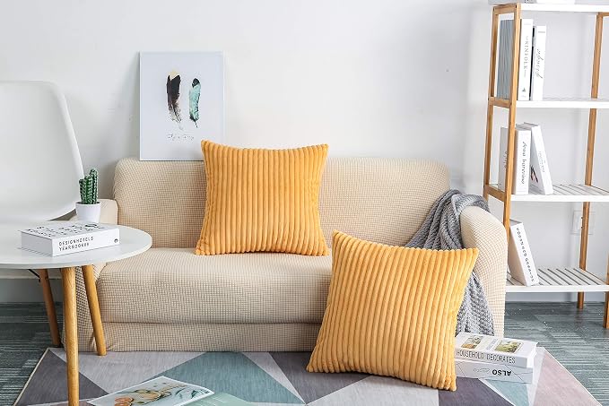 TangDepot Velvet Big Corduroy Pillow Covers 20x20 Cream Orange 2-Pack | Soft wide-stripe corduroy pillow cover, hidden zipper, machine washable, easy refresh, for bedroom living room indoor outdoor