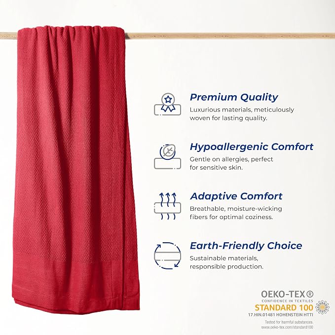 THREAD SPREAD Organic GOTS Cotton Blanket, Full/Queen - 350 GSM, Antistatic, Fuzzy Soft, Lightweight, Sofa, Camping & Travel, Perfect Herringbone All Seasons Throw, Red + Complimentary Tote Bag