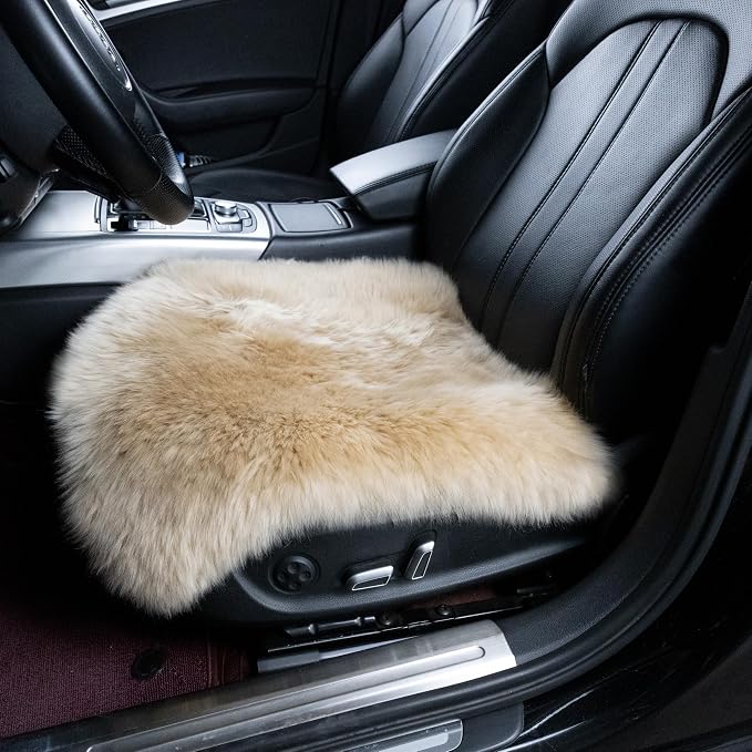 Sheepskin Chair Cushion Non-Slip Back Square Genuine Fur Chair Cover Silky Natural Wool Seat Cushion Pad Soft Area Rugs Carpet for Home Office Restaurant Chair 18x18 Inch (Khaki, Pack of 4)