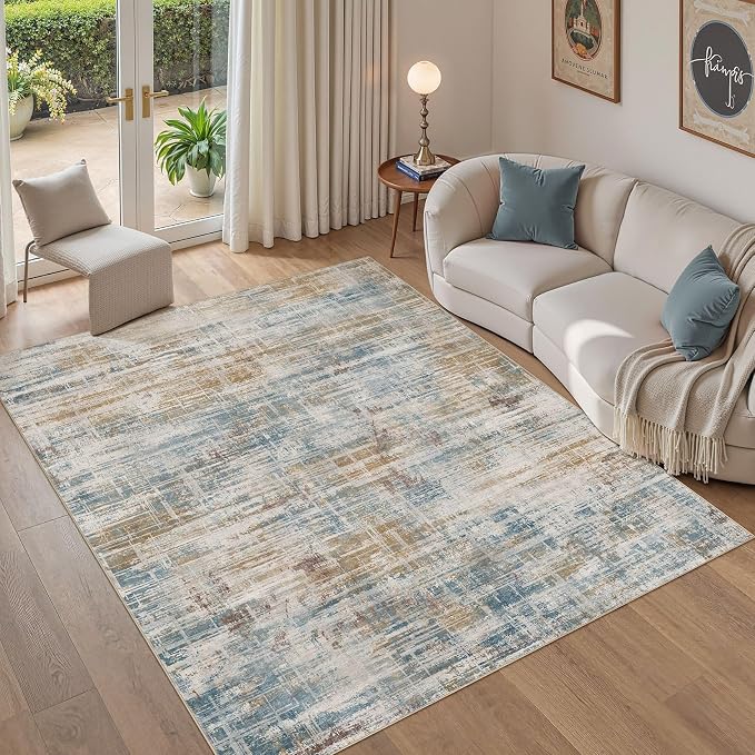 UERMEI 5x7 Area Rug for Living Room: Washable Modern Neutral Abstract Soft Low Pile Carpet Non-Slip Pet Kids Friendly Indoor Decor for Bedroom Dining Room Home Office Nursery Blue Brown