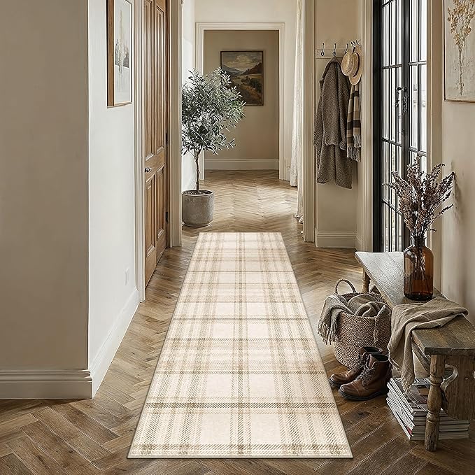 2x6 Beige Runner Rug for Kitchen Machine Washable Low Pile Checkered Carpet Modern Accent Soft Non Slip Rug for Bathroom Bedroom Nursery Indoor