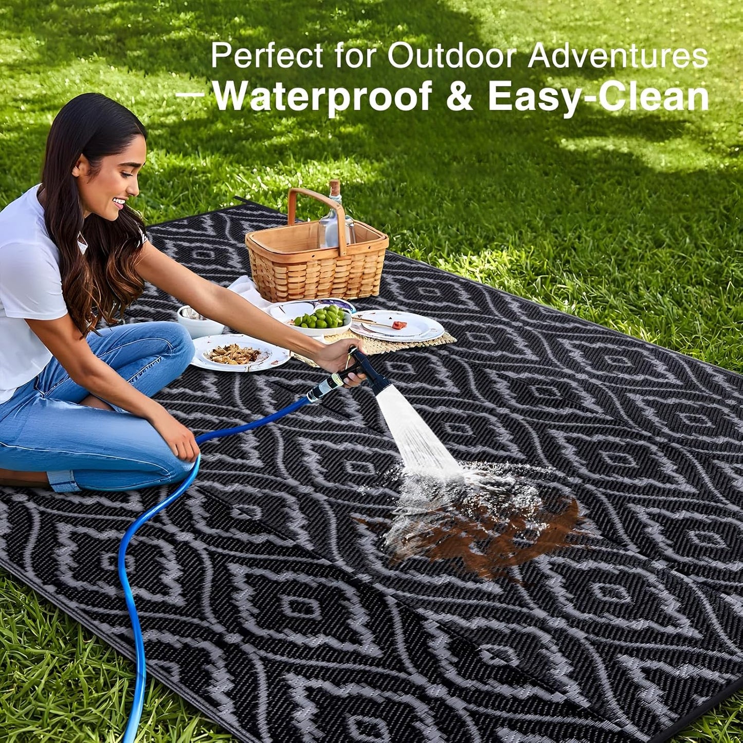 OLANLY Outdoor Rug 9x12 ft Waterproof, Outdoor Plastic Straw Rug with Geometric Pattern Clearance, Reversible RV Mat for Patio, Camping, Balcony, Deck, Backyard, Black & Grey