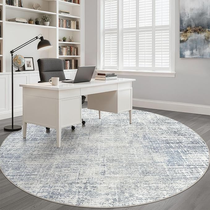 5ft Round Rug Living Room: 5x5 Washable Large Neutral Blue Circle Area Rug Abstract Soft Modern Stain Resistant Indoor Floor Non-Slip Carpet for Bedroom Nursery Kids Office Playroom Dining Room