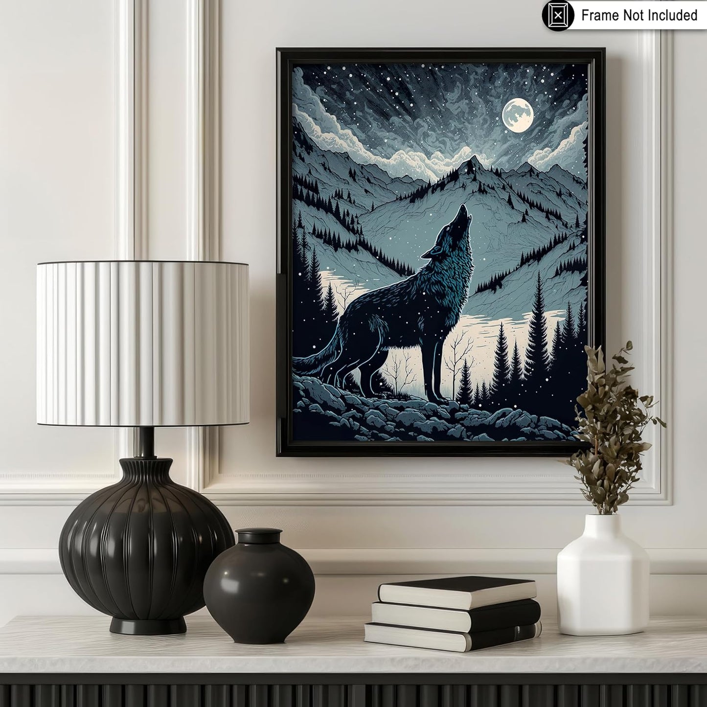 Poster Master Vintage Illustration Poster - Retro Animal Print - Gift for Artist, Friend - Wolf Howling at the Moon, Mountain, Snow, Landscape - Wall Decor for Home, Office, 24x32 Unframed Wall Art