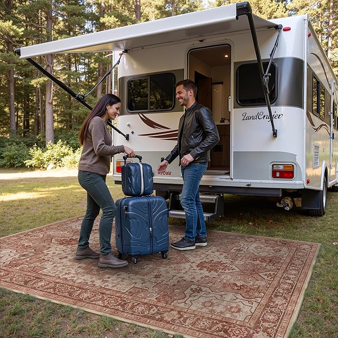 GENIMO Outdoor & Indoor Area Rug 5'x8', Waterproof, Non-Shedding, Easy Cleaning, Boho Mat for Patio, Living Room, Balcony, Dining Room, RV, Deck, Bedroom, Camping, Outside Carpet,Brown Red