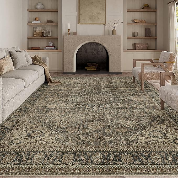 8x10 Washable Brown Area Rug Vintage Living Room Bedroom Carpet Non-Slip Medium Pile Thicker Distressed Indoor Large Throw Rug for Dining Room Office