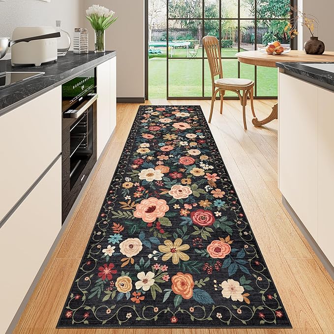 DUKINO Washable Runner Rug 2x12, Ultra Soft Floral Runner Rug for Hallway, Boho Non Slip & Non Shedding Indoor Entryway Carpet for Kitchen, Laundry Room, Bathroom, Bedroom, Entrance, Black