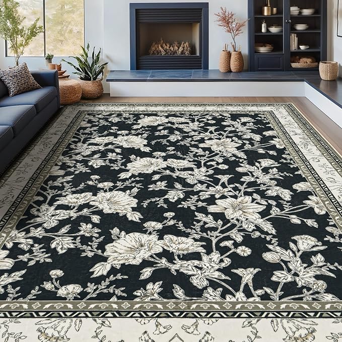 Black Floral Area Rugs 6x9 Living Room, Black with Cream Beige Taupe Flower Design Low-Pile Washable Rugs for Bedroom Dining Room, Vintage Modern Farmhouse Boho Indoor Floor Carpet Kids Playroom