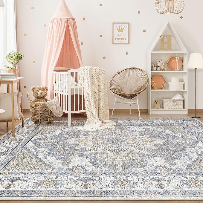 Tortania Area Rug Living Room Rugs - 9x12 Washable Boho Rug Vintage Oriental Distressed Farmhouse Large Thin Indoor Carpet for Living Room Bedroom Under Dining Table Home Office - Blue Beige