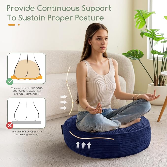 HIGOGOGO 6" Extra Thick Floor Pillow Cushion for Adults, Meditation Cushion Pillow, Large Round Floor Sitting, Tufted Corduroy Cover, for Tatami Living Room or Yoga, 22x22 Inch, 2Pack, Navy