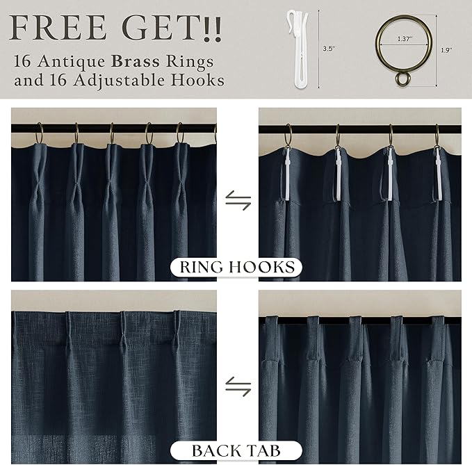 Navy Light Filtering Boys Bedroom Curtains 63 Inches Long 2 Panels Set for Small Window Dark Blue Boho Farmhouse Pinch Pleated Linen Short Semi Sheer Back Tab Bedroom Bay Windows 50Wx63L Length