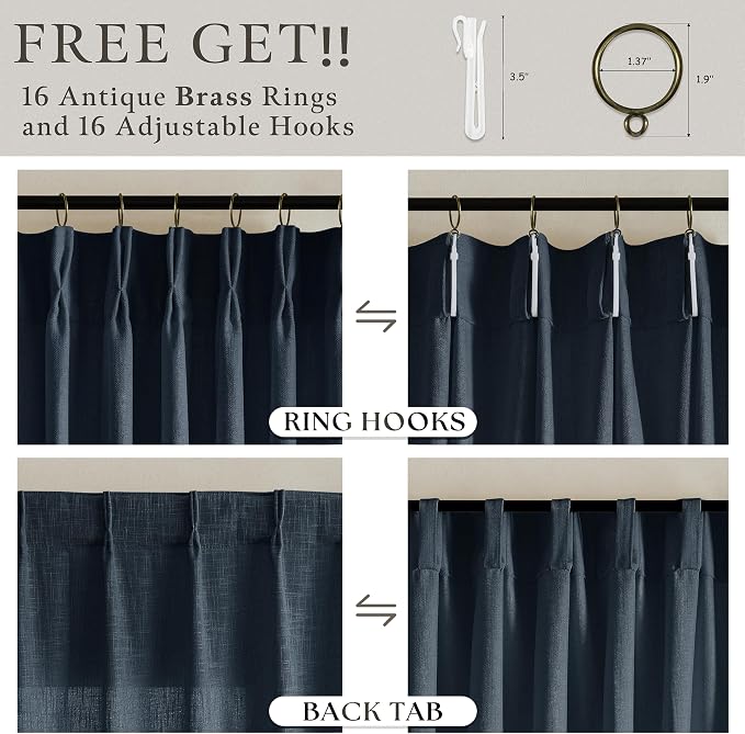 Pinch Pleated Navy Blue Linen Curtains 102 Inches Long 2 Panels Set for Living Room Boys Men Bedroom Dining Room Pinch Pleat Back Tab Light Filtering Dark Blue Window Curtain Drapes W50xL102