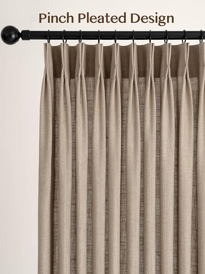 Liz Pinch Pleated Linen Curtains Light Filtering Curtains for Living Room, Farmhouse Window Curtains for Bedroom, Modern Drapes with Hooks and Rings, 95 Inches Long, Taupe Grey, 2 Panels Set