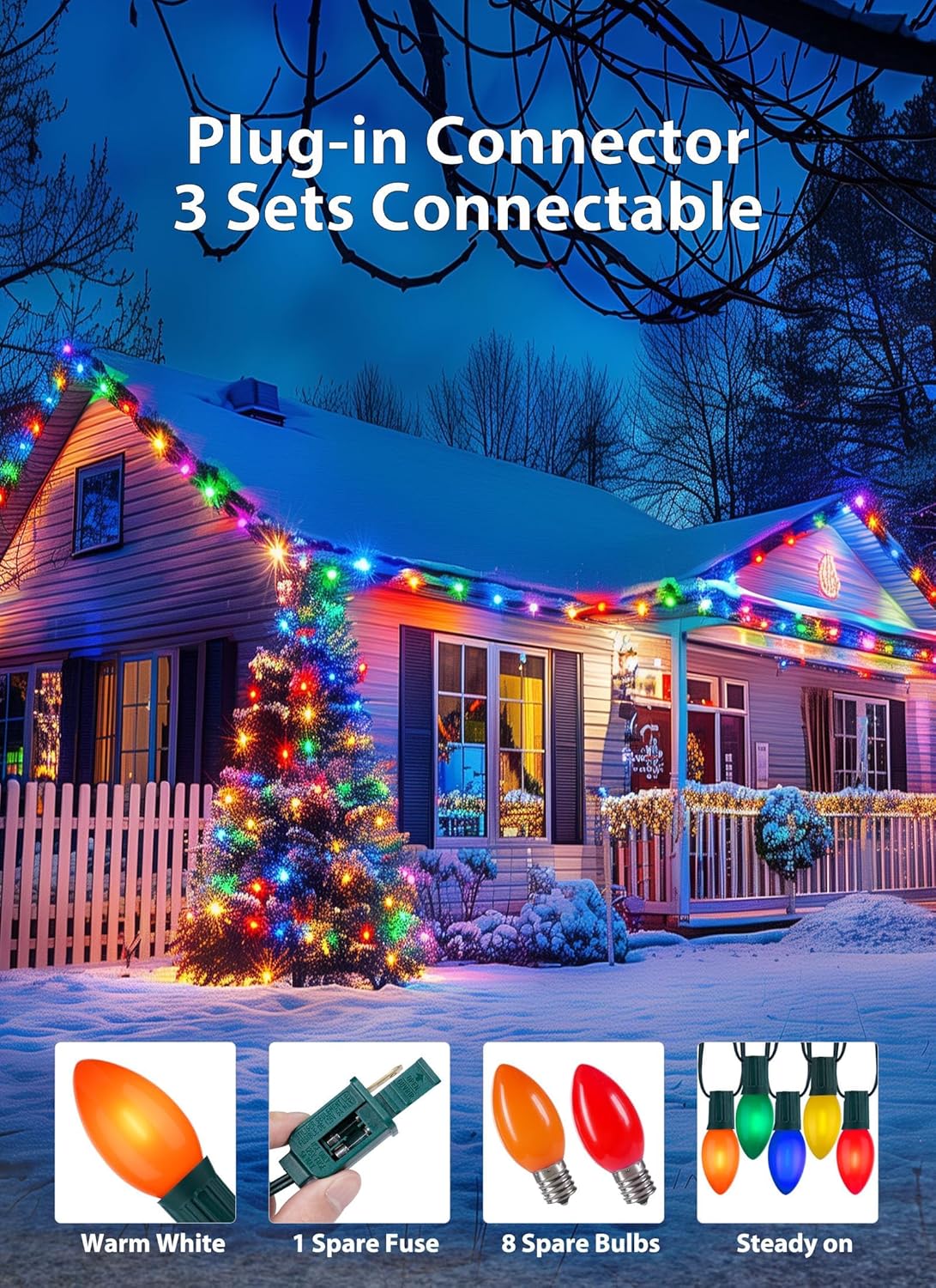 C9 LED Christmas Lights Outdoor, 200 Feet C9 String Light with 200 Shatterproof Matte Bulbs, Connectable Waterproof Christmas Tree Lights for Holiday Roofline Backyard Garden Decor, Multicolor