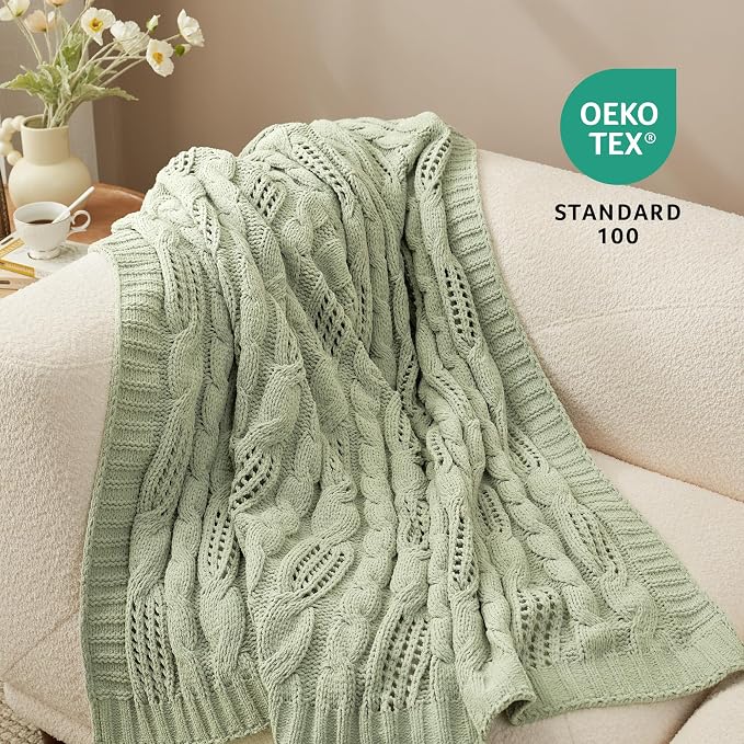 Amélie Home Chunky Knit Throw Blanket, Dual-Sided Soft Chenille Breathable Cable Knitted Blanket for Couch, Farmhouse Decorative Throw for Sofa & Chair, 50"x60", Sage Green