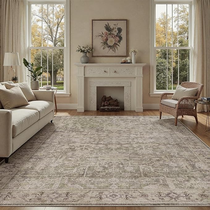 DCX Washable 9x12, Kid & Pet Friendly with Rubber Back Non Slip, Stain Resistant Vintage Rug for Living Room, Bedroom, Home Office, Soft Low Pile Large Farmhouse Distressed Carpet, Greige