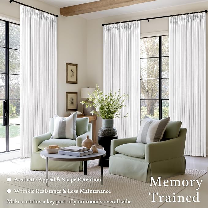 White Pleated Linen Curtains 96 Inches Long for Living Room 2 Panel Set Semi Sheer Light Filtering Pinch Pleat with Rings Hooks Back Tab Drapes Neutral Boho 96 Inch Curtain for Bedroom Window W50xL96