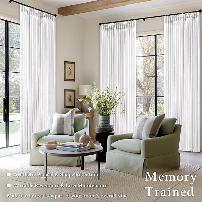 White Linen Pinch Pleated Curtains 108 Inches Long 2 Panels for Living Room Bedroom Light Filtering Linen Drapes 108 Inch Length Back Tab Semi Sheer Memory Shape Trained Ceiling to Floor Curtain 9Ft