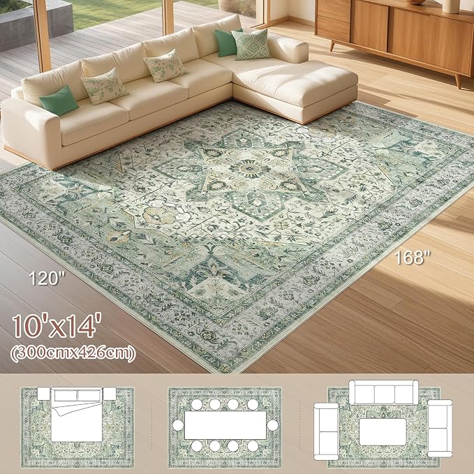 Tortania Area Rug Living Room Rugs - 10x14 Washable Boho Rug Vintage Oriental Distressed Farmhouse Large Thin Indoor Carpet for Living Room Bedroom Under Dining Table Home Office - Green