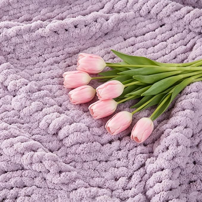 Soft Chunky Knit Throw Blanket for Couch, Cozy Warm Knitted Blankets | Hand Knit with Jumbo Chenille, Lightweight Warm Fluffy Decor for Women, Mom, Her & Girls, Sofa, Chair, Bed, 40"×40"(Purple)