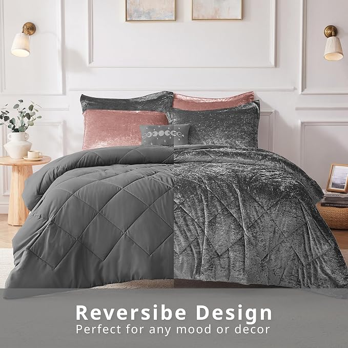 Intelligent Design Queen Duvet Cover Set, Velvet Queen Duvet Set, Luxury Diamond Quilting Grey Duvet Cover, Fluffy Duvet Cover with Decorative Pillow and 2 Shams, 4 Pieces, Grey, Full/Queen
