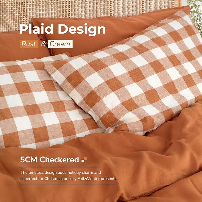 Linen World Linen Plaid Pillow Cases, Rust Plaid, Queen 20"x30" | Set of 2, 100% French Flax, Gingham, Envelope Closure, Soft Breathable
