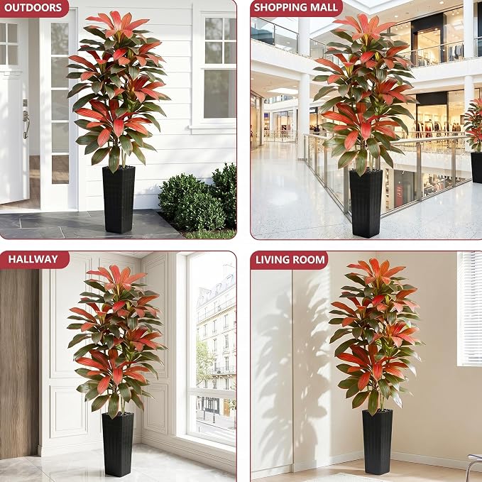 Artificial Red Dracaena Tree - 7FT Tall Fake Plants with Black Square Planter - Artificial Plants Indoor Floor Plant in Pot - Large Tropical Fake Yucca Potted Tree for Home Office Living Room Decor