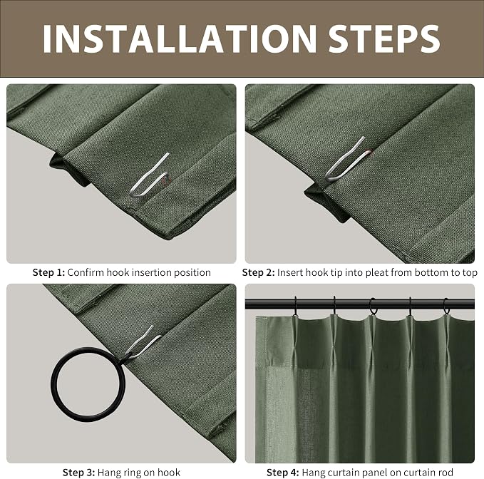 Olive Green Pinch Pleated Linen Curtains 96 Inch Length 2 Panels Set for Living Room Bedroom Vintage Neutral Window Privacy Light Filtering Semi Sheer Back Tab Drapes with Hooks for Dining Room 40x96