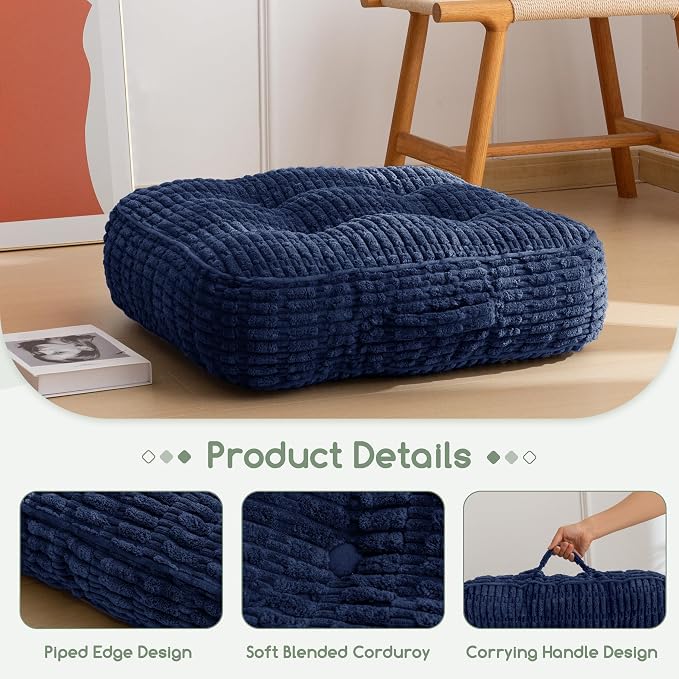 HIGOGOGO 6" Floor Pillow Cushion for Adults, Meditation Cushion Pillow, Blended Corduroy Cover, Large Square Floor Sitting for Tatami Living Room or Yoga, 2Pack, Navy