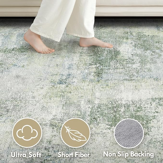 Tortania Area Rug Living Room Rugs - 8x10 Washable Large Soft Neutral Boho Moroccan Bohemian Farmhouse Rug Indoor Floor Carpet for Bedroom Under Dining Table Home Office Decor - Sage Green