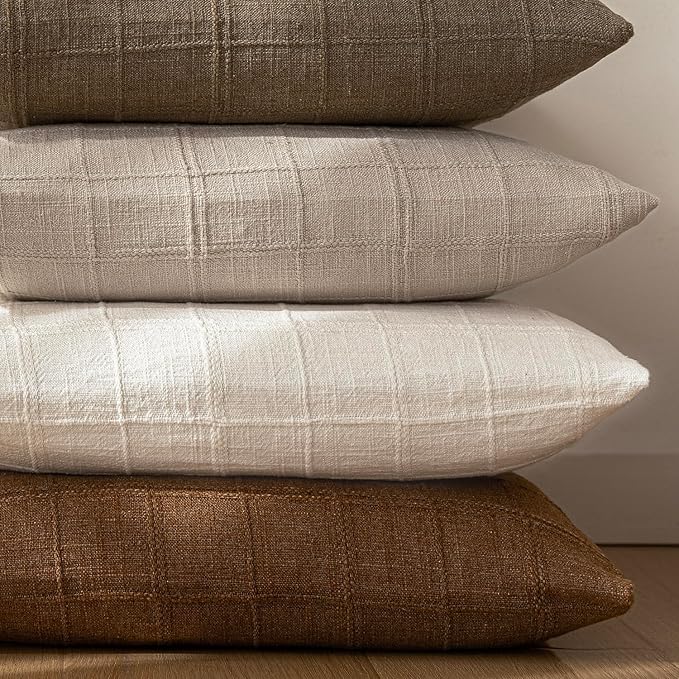 Foindtower Set of 2 Decorative Linen Check Throw Pillow Covers Neutral Farmhouse Lumbar Cushion Covers Modern Boho Home Decor for Sofa Chair Couch Bedroom Living Room,12×20 Inch,Natural Linen