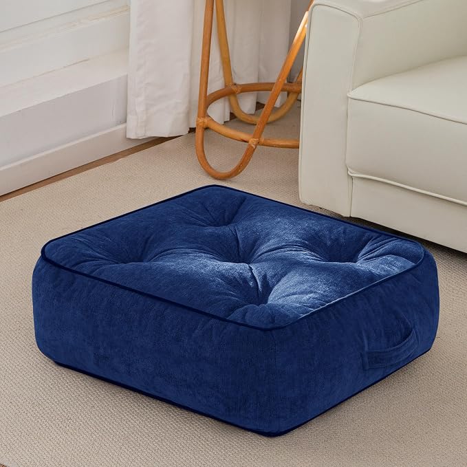 HIGOGOGO 8" Extra Thick Floor Pillow Cushion for Adults, Meditation Cushion Pillow with Handle, Lustrous Chenille Tufted, Square Floor Sitting for Tatami Living Room or Yoga, 22x22 Inch, Navy