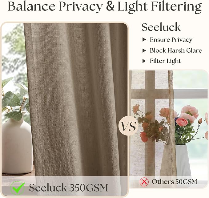 Brown Pinch Pleated Linen Curtains 96 Inches Long for Living Room Semi Sheer Light Filtering Custom Made Pinch Pleat Drape with Hooks Rings Back Tab Neutral Boho Country 96 Inch Bedroom Curtain