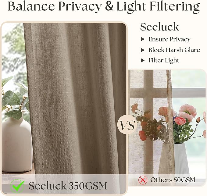 86 Inch Long Curtains Pinch Pleat Custom Memory Shape Trained Linen Curtains for Living Room Cocoa Brown Semi Sheer Light Filtering Boho Farmhouse 86 Inch Pleated Curtain Hooks Rings Ceiling Bedroom