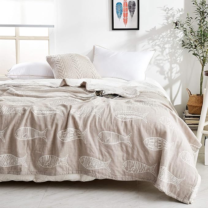 MEJU Fish Gray Muslin Lightweight Summer Blanket for Bed Sofa Couch 100% Combed Cotton 3 Layer Soft Warm Quick Dry Throw Blanket Bedspread Bed Coverlet Sheet Full Queen 80 in X 90 in