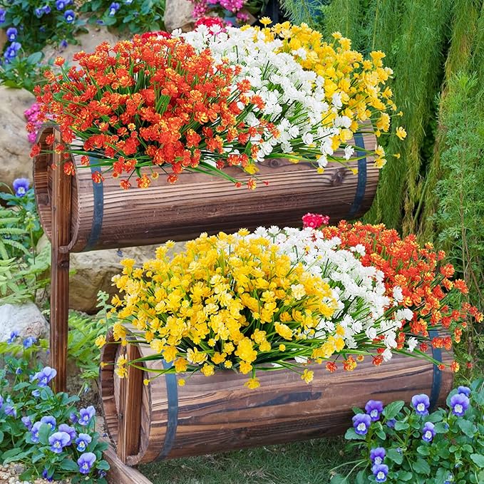 Ouddy Decor 24 Bundles Artificial Flowers for Outdoors UV Resistant Fake Plastic Plants Faux Greenery Stems for Spring Summer Indoor Garden Patio Window Box Kitchen Home Decor, Orange