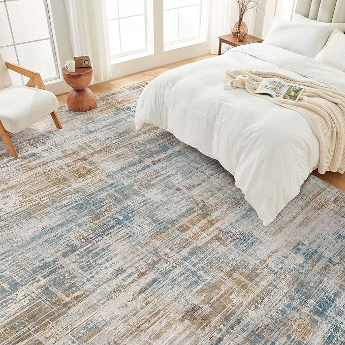 UERMEI 10x12 Area Rug for Living Room: Washable Modern Neutral Abstract Large Soft Low Pile Carpet Non-Slip Pet Kids Friendly Indoor Decor for Bedroom Dining Room Home Office Nursery Blue Brown