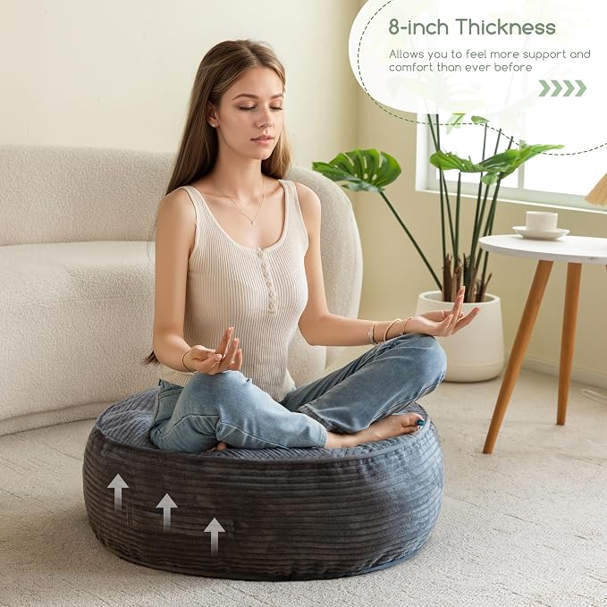 HIGOGOGO 8" Extra Thick Floor Pillow Cushion for Adults, Meditation Cushion Pillow, Large Round Floor Sitting, Tufted Corduroy Cover, for Tatami Living Room or Yoga, 22x22 Inch, Dark Grey