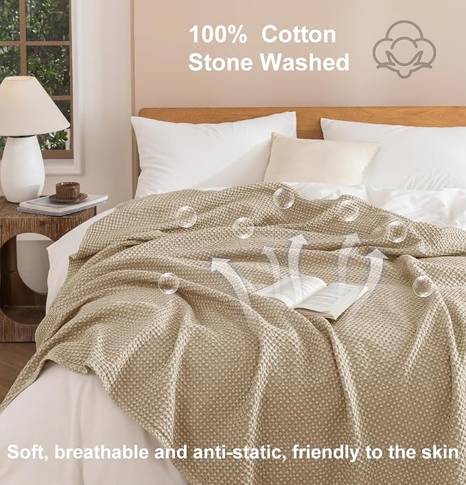 Talasily 100% Cotton Blanket Throw Size for Bed - Spring and Summer Cooling Lightweight & Breathable Bedding -Soft Waffle Weave Christmas Blanket, Machine Washable,Oatmeal,50x60 Inches