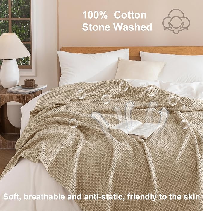Talasily 100% Cotton Blanket Queen Size for Bed - Spring and Summer Cooling Lightweight & Breathable Bedding -Soft Waffle Weave Christmas Blanket, Machine Washable,Oatmeal,90x90 Inches