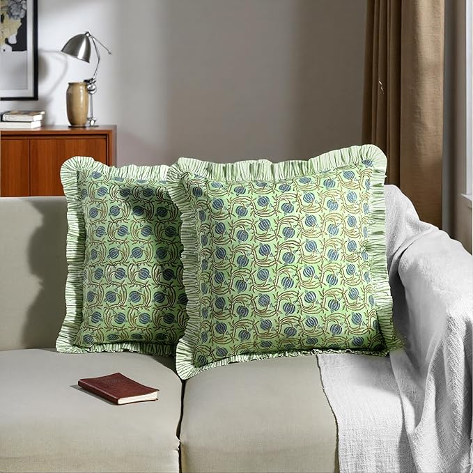 Ridhi Block Print Apple Green Floral Throw Pillow Cover 18" x 18" (Pack of 2) Decorative Cushion Covers with Ruffle for Couch, Sofa, Bed, Living Room, Home Decor Gift for Spring, Easter, Valentine