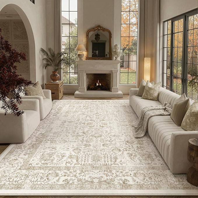 PureCozy Light Brown Area Rug 7x9 Machine Washable Vintage Living Room Distressed Non Slip Carpet Traditional Indoor Bedroom Retro Floral Accent Throw Large Rug for Office Kitchen Dining Room